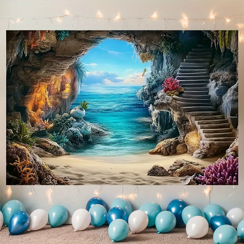 2D Flat, 1pc Magical Blue Sea Cave Polyester Banner - 3D Ocean Scene Wall Hanging Decor, 75g/m², 100% Professional, Multi-Season