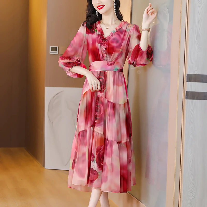 Damen Vintage Elegantes Abendkleid Frühling Urlaub Boho Hepburn Vessios Sommer Luxus Seide Blumen Lässig Midi XQ324