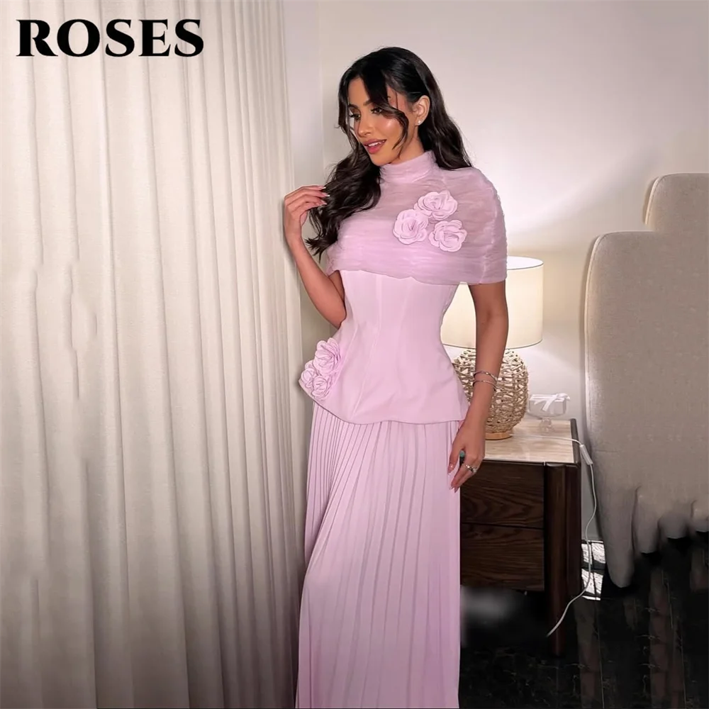 

ROSES Pink Party Dresses High Neck Evening Dresses with 3D Floral فساتين السهرة Pleated Gala Dresses Customized