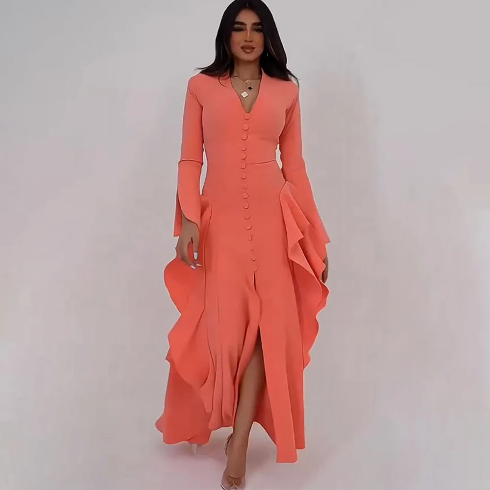 

Women’s Elegant Ruffle Temperament Evening Dress V-Neck Long Sleeve Slim High Split Ruched Hem Female Prom Party Maxi Dresses