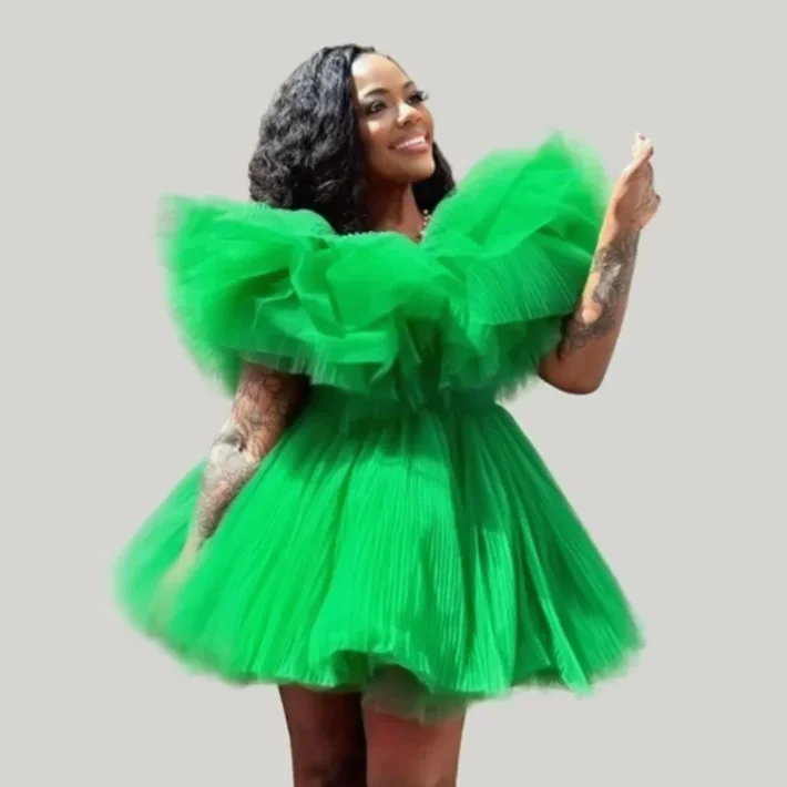 Vestido de baile em camadas de tule verde, inchado acima do joelho, vestidos de noite femininos, meninas, aniversário, festa formal