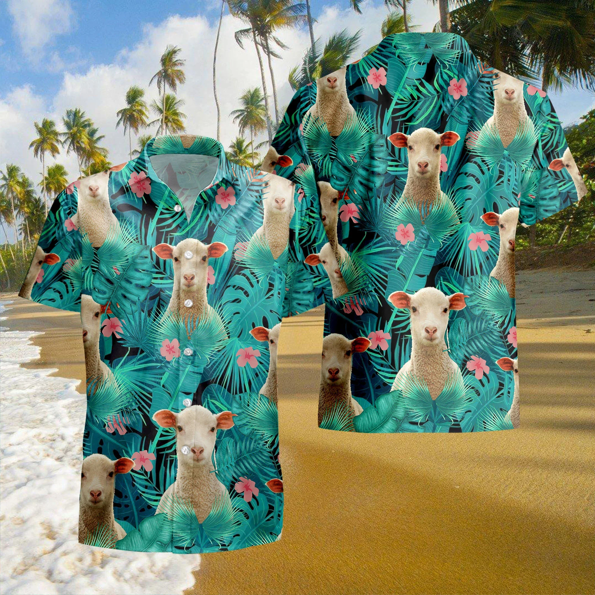 

Mens Sheep Tropical Hawaiian Shirt Cute Lamb Print Short Sleeve Casual Beach Tops With Palm Leaves And Flowers Goat Clothing