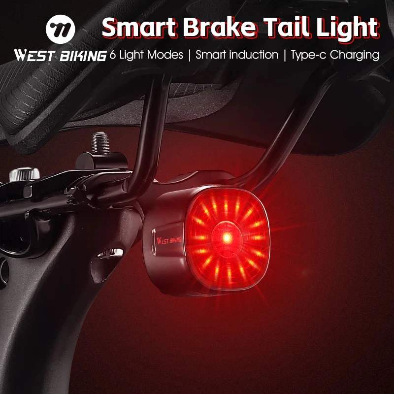 WEST BIKING Smart Bicycle Brake Light IPX6 Taillight Type-C Bike Tail Light Auto Stop LED Riding Warning Safety Cycling Light