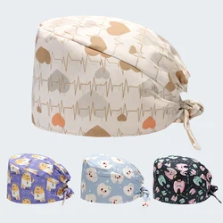 Women's Cotton Medical Scrub Caps Pet Grooming Nursing Hats Cartoon Printed Dentist Skullcaps Lab Doctor Dust-proof Caps M987