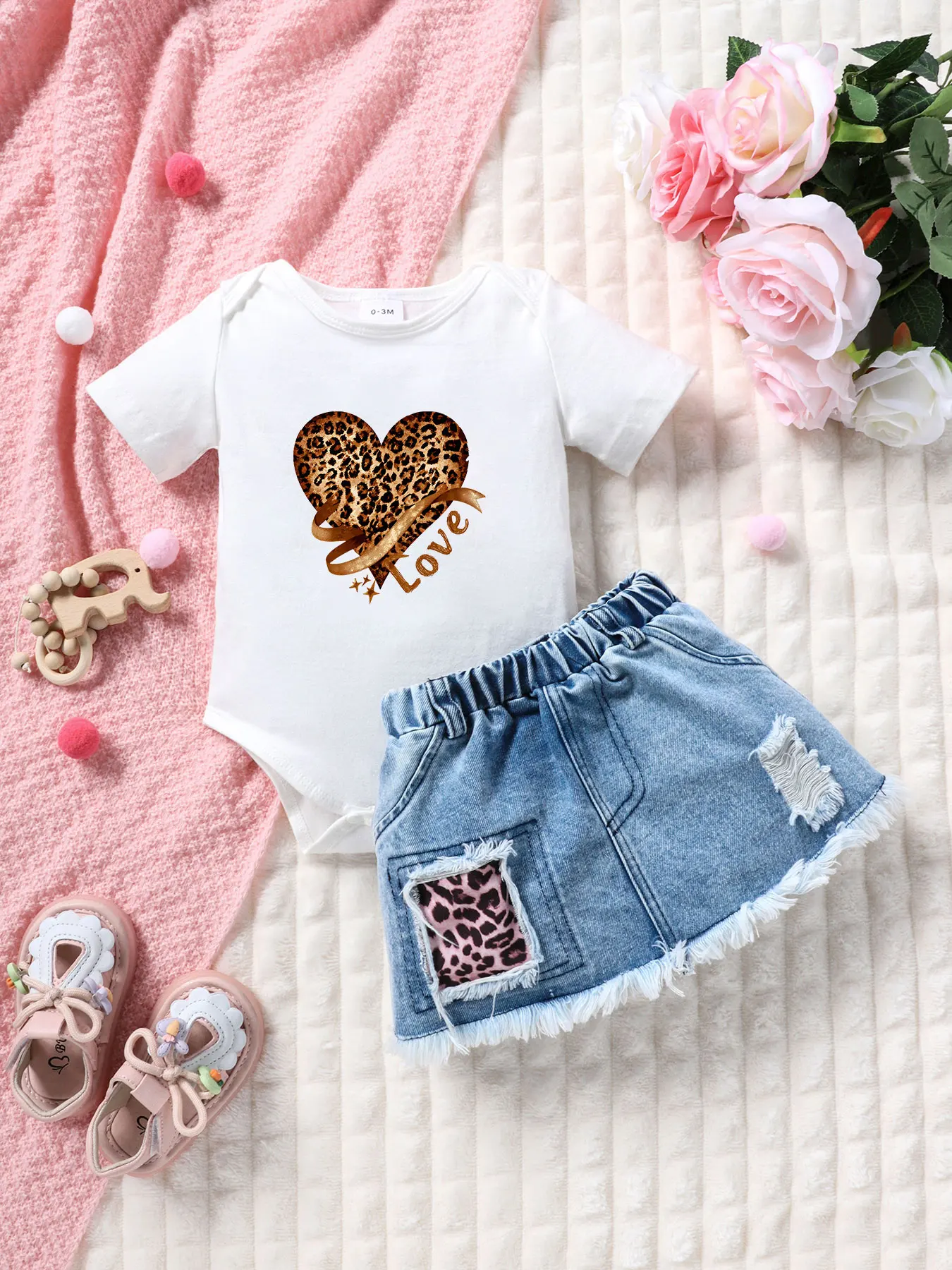 Summer 2pc set: Leopard heart & ribbon Love, romper+denim skirt, cool cute