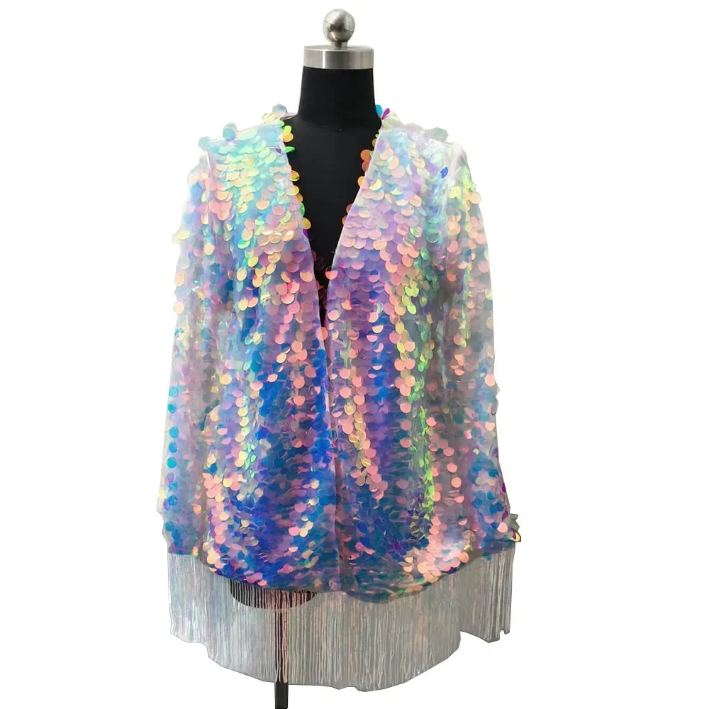 

Fashionable Colorful Sequin Vacation Style Short Jacket Women's Cardigan Outerwear V-neck Full Sleeve Loose Fit Outerwear