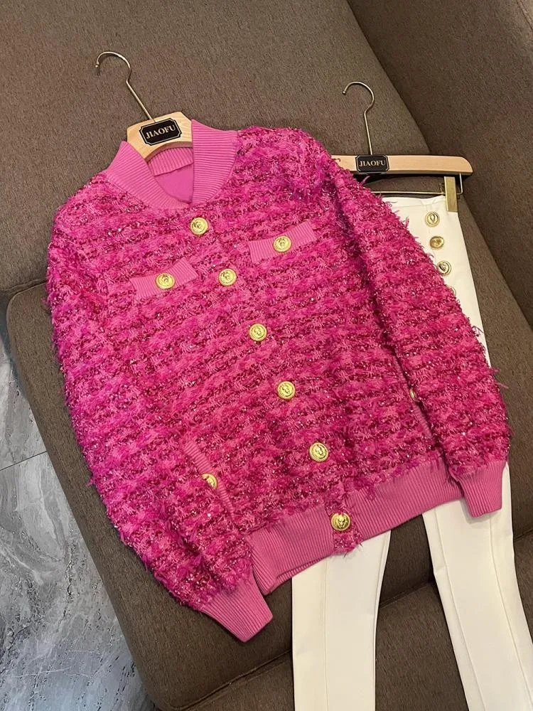 

Модный вязаный бейсбольный пиджак с пуговицами в виде льва и блестками, горчичный для зимы 202, женский облегающий хлопковый круглый брюки Ne S...