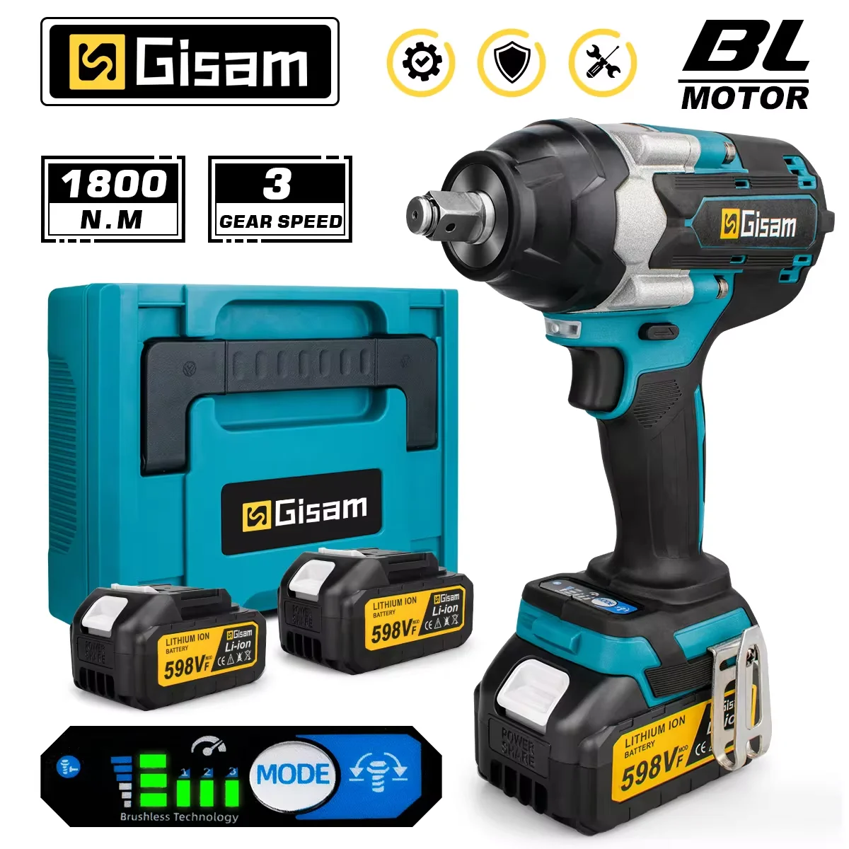 Gisam 1800N.M 토크 브러시리스 전기 임팩트 렌치 Makita 18V 배터리 용 1/2 인치 스크루 드라이버 무선 렌치 전동 공구