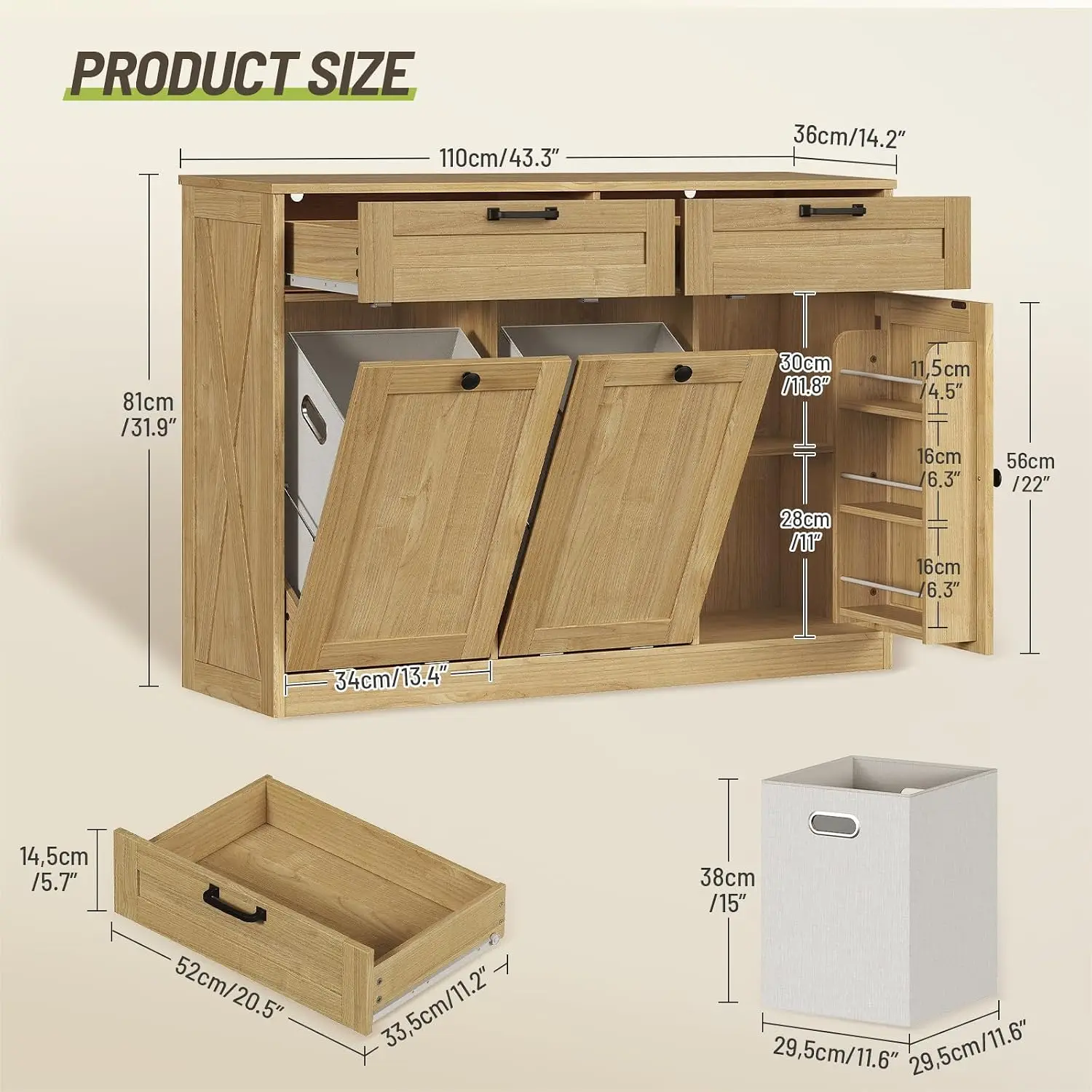 Double Tilt Out Laundry Hamper Cabinet, 43.3