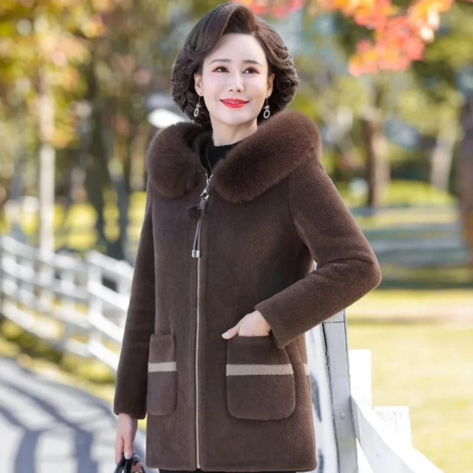 

Woolen Coat Women 2022 Winter New Middle-aged Mothers Fashion Mink Jacket Female Large Long Hooded Fur Collar Thick Outerwear