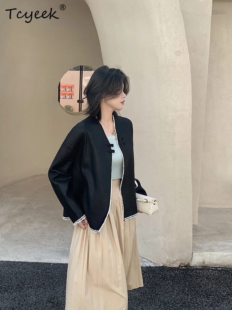 Tcyeek peau De mouton printemps automne haut De gamme noir col en v court femmes veste en cuir véritable Jaqueta De Couro légítimo Feminina