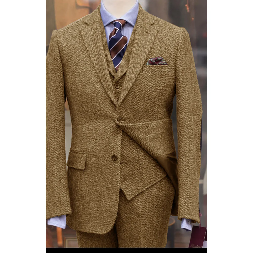 

Elegant Mens Herringbone 3 Piece Suit Single Breasted Breathable Comfort Slim Fit Business Casual Suits for Men Wedding Ceremony