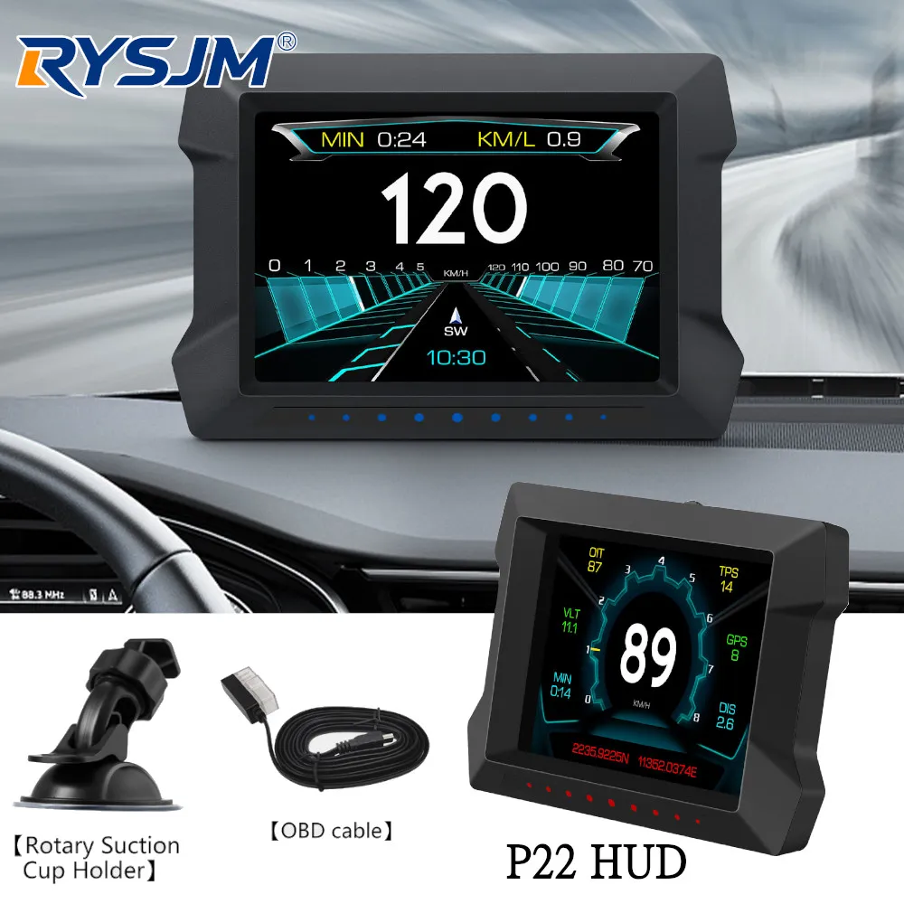 

P22 HUD OBD + GPS: Двухсистемный проекционный дисплей (HUD) с функциями бортового компьютера, спидометра, измерителя уклонов и диагностических инструментов.