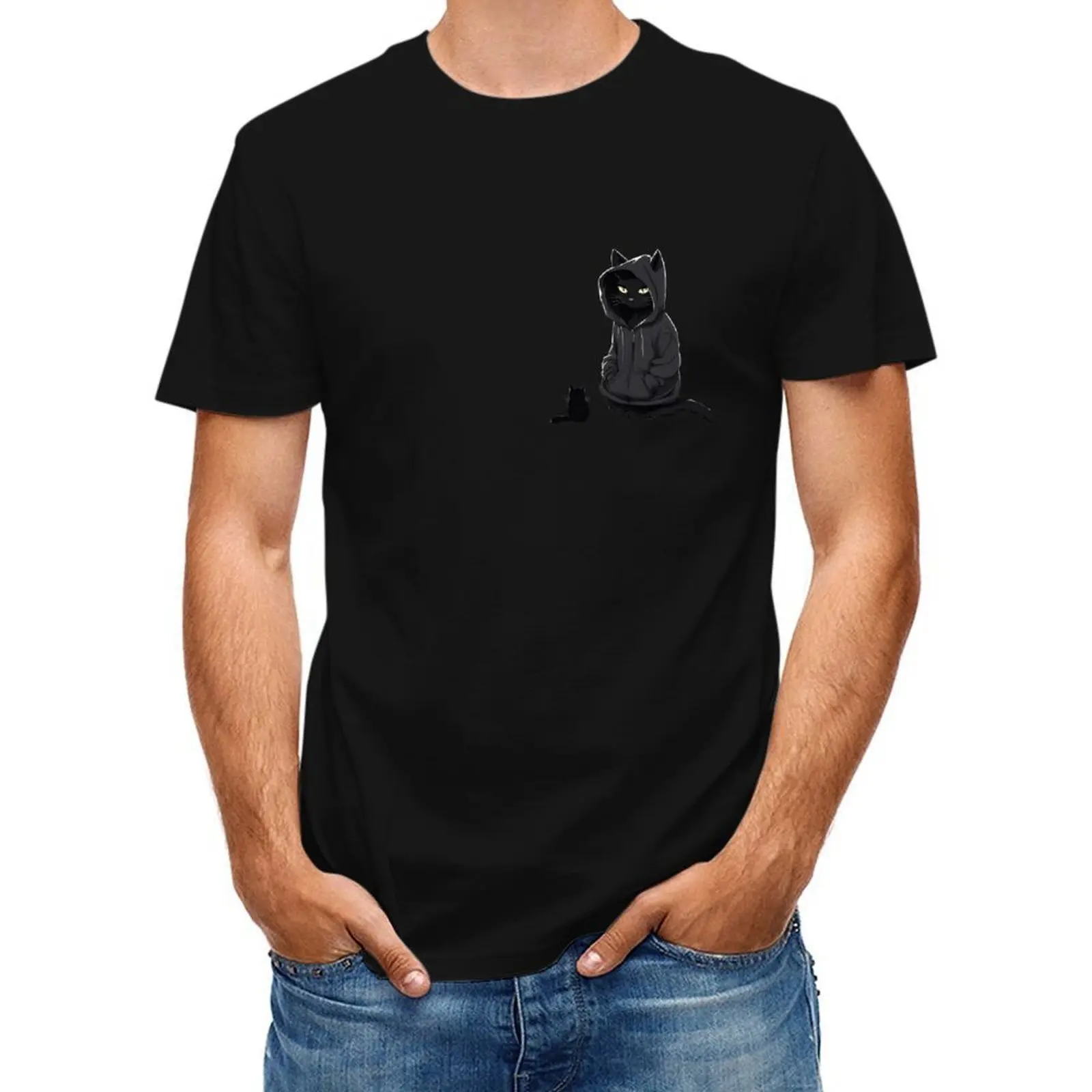 

Black Cat In A Hoodie Mood T-Shirt summer 2025 custom t-shirts men t shirts