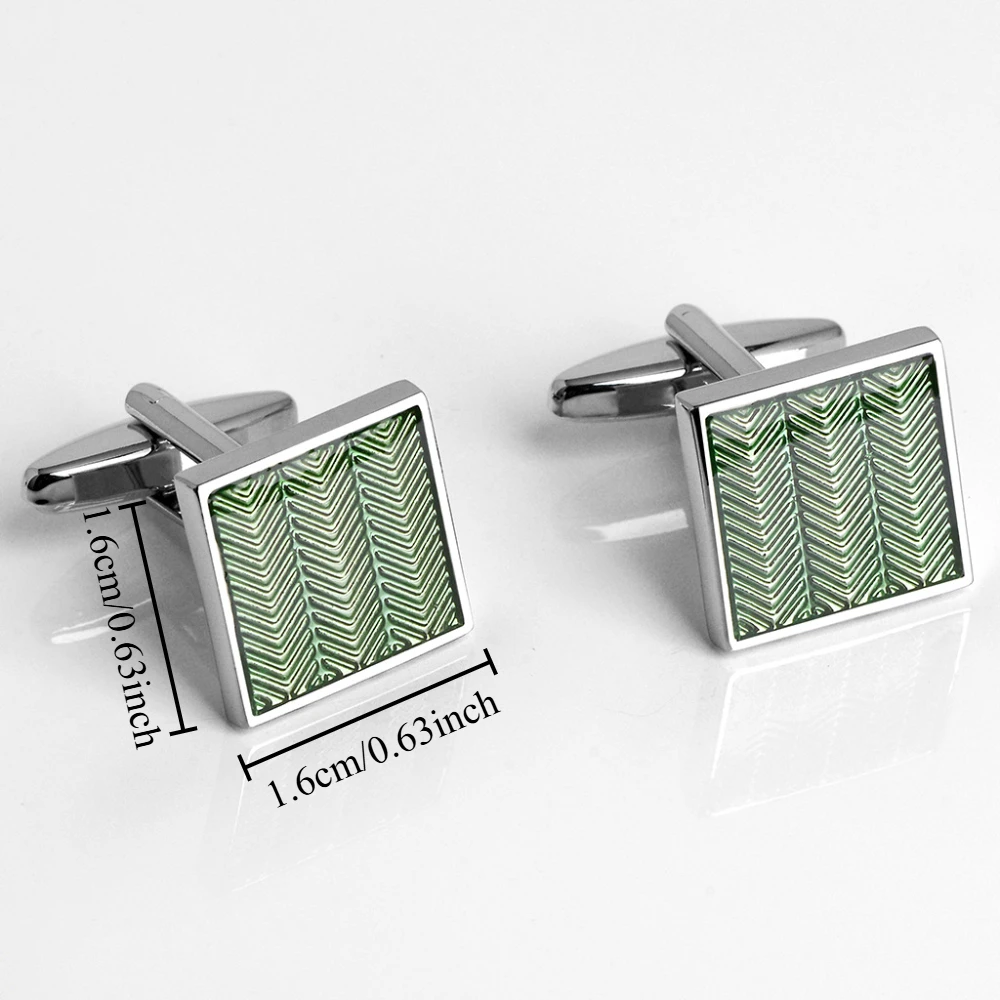 Men Square Green Chevron Enamel Cufflinks Silver Plated Metal Cuff Links Business Wedding Formal Shirt Cuff for Gentleman