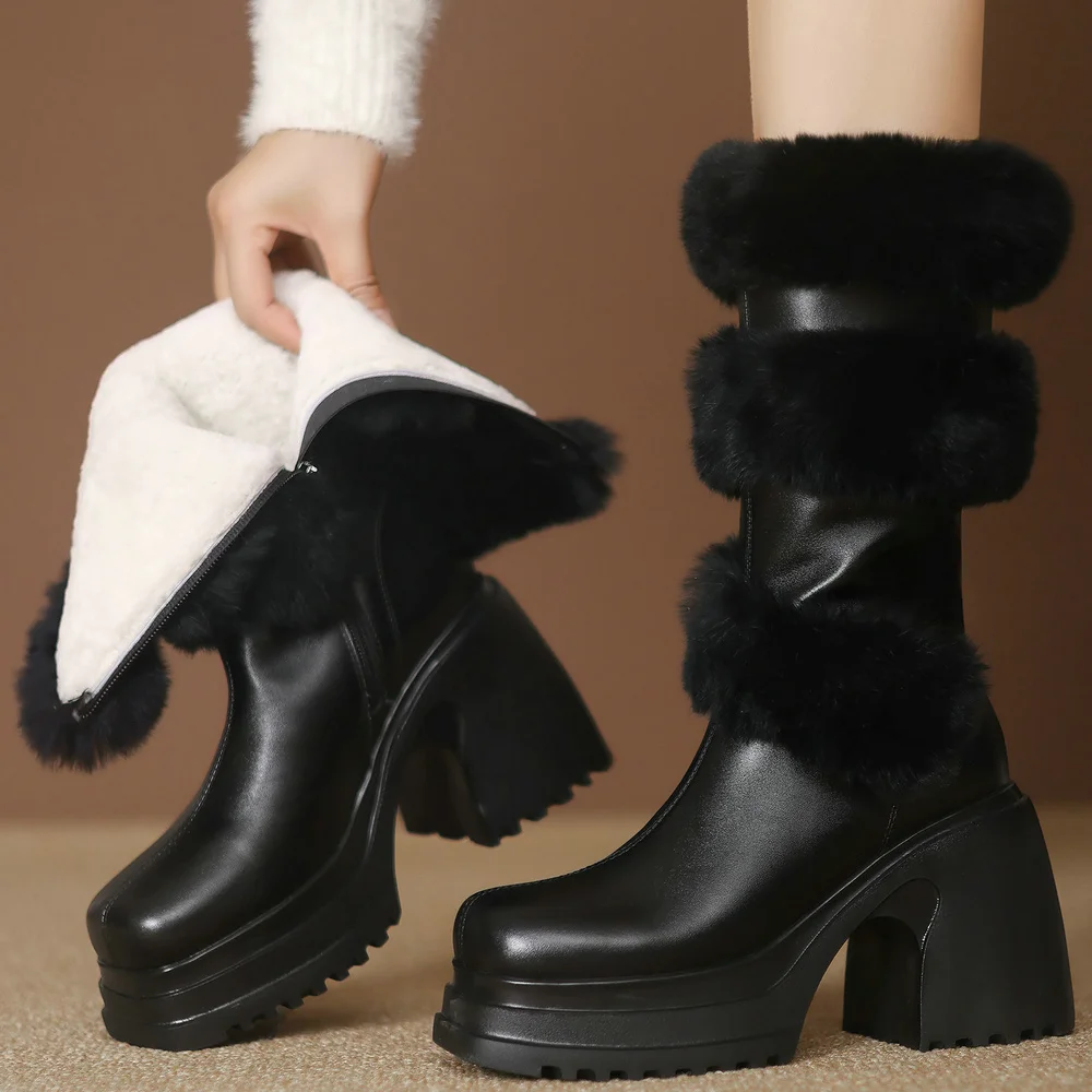 

Winter Warm Fur Pumps Shoes Women Genuine Leather Chunky High Heels Snow Boots Female Round Toe Fashion Sneakers Casual Shoes