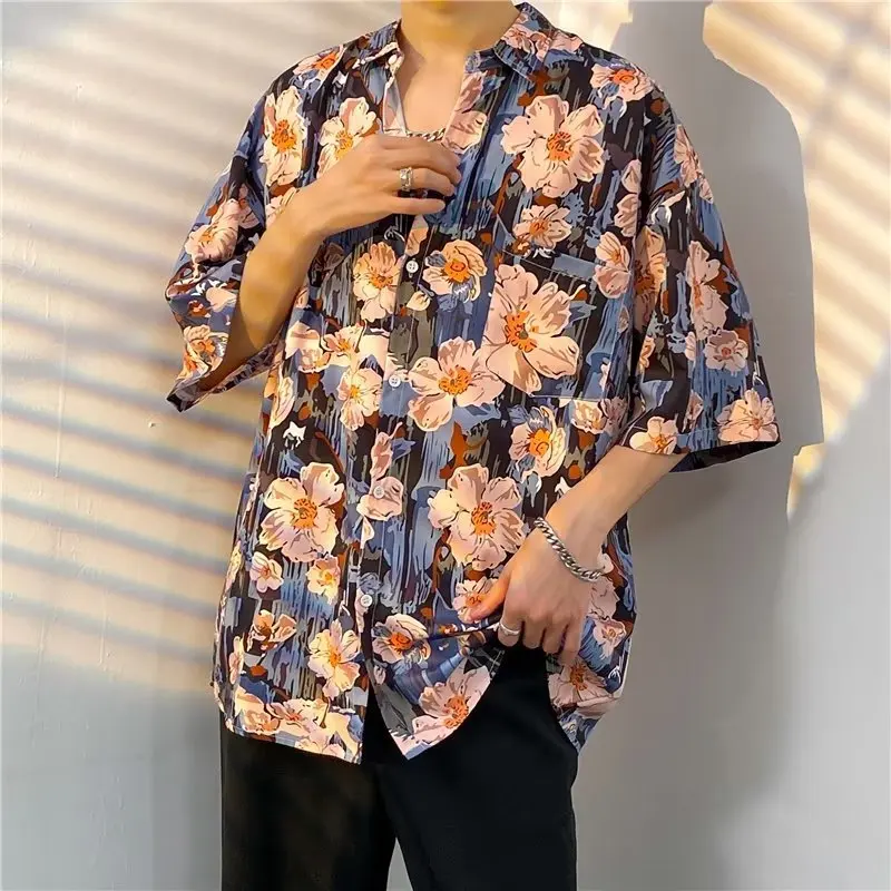 

GELITAYIN Men Street Fashion Summer Daily Shirt Hawaiian Cartoon Print Casual Loose Shirts Short Sleeve Beach Loose Tops