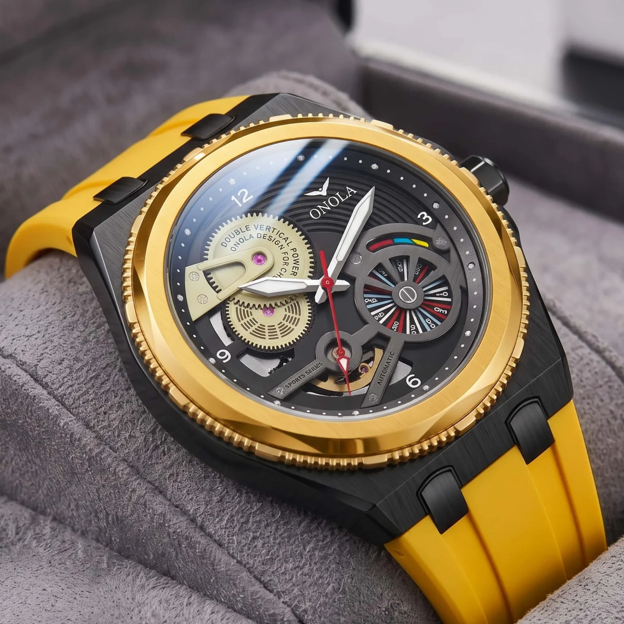 ONOLA 3874 New Design Cool Yellow Men Wristwatch Automatic Movement Luminous Silicone Strap Waterproof Mechanical Watch for Man