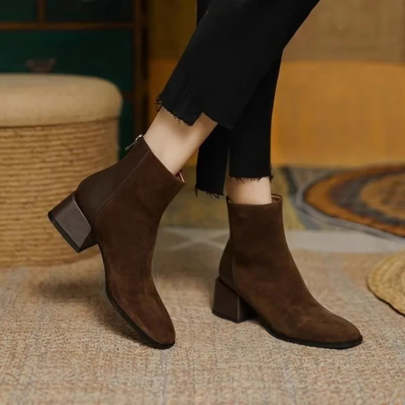 

2025 Women Hot Selling Fashionable Simple and High-quality Mid Thick Heels Suede Boots Platform Ankle Sexy Walking Boot