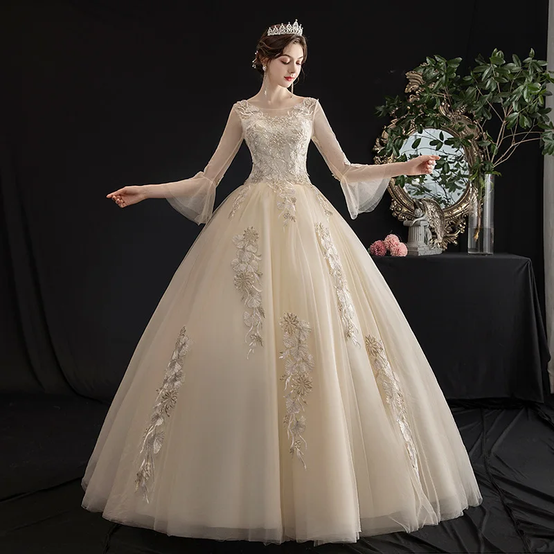 New Wedding Dress Summer Temperament Bride Mori Style off-Shoulder Long Sleeve Super Fairy Dream Simple Light