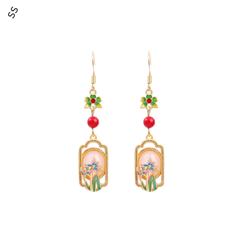 

925 Silver Needle Gold-plated Imitation Jade and Rich flower Women's Earrings Ancient Style Cheongsam Hanfu Garment Accessories