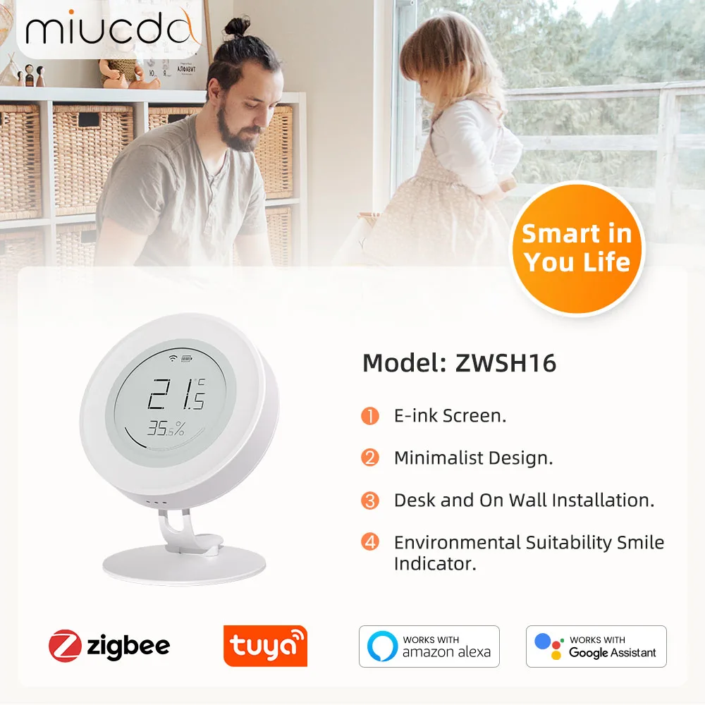 MIUCDA Tuya Zigbee Sensor temperatur dan kelembapan pintar, sensor temperatur dan kelembapan layar e-ink untuk Alexa Google Home