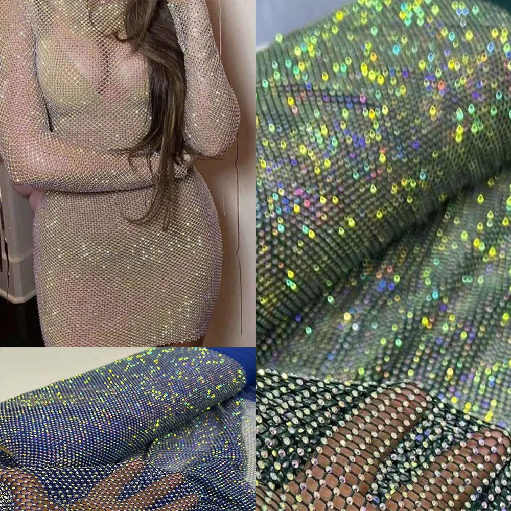 Shiny Colorful Rhinestones Lace Fabric Checkered Transparent Crystals Mesh Tulle for Sewing Women Party Night Diamond Ball Dress