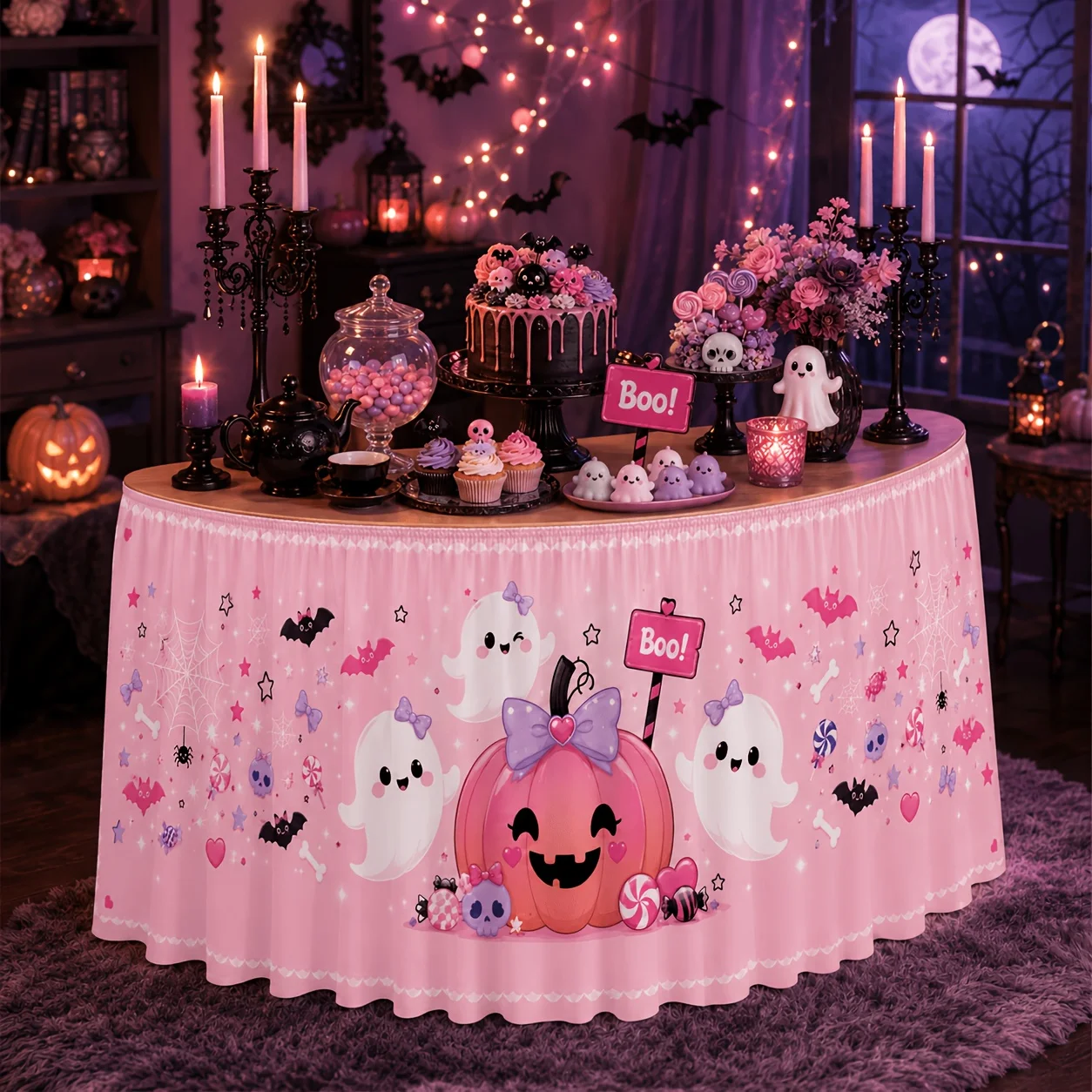 One tablecloth or table skirt - light pink Boo Halloween pink pumpkin purple bow candy cane bat spider web skull