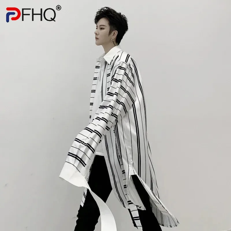 

PFHQ Niche Style Male Shirts Stripe Patchwork Loose Lace-up Casual Tops Lapel Long Sleeve Men's Clothing Summer Tide 9C6364