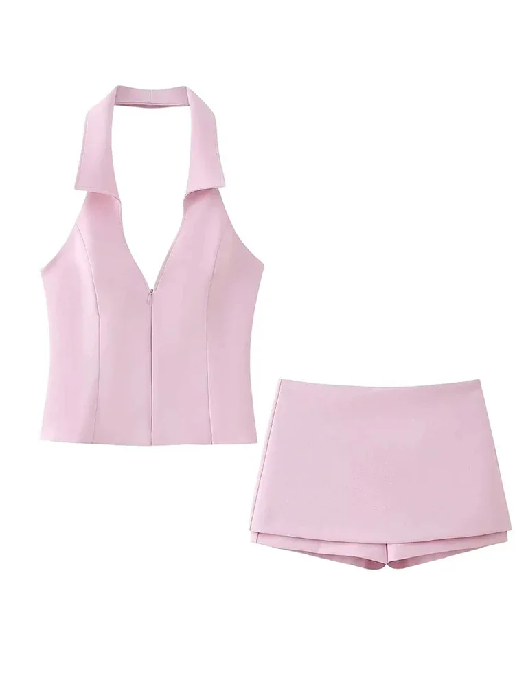 Conjunto de pantalones cortos rosas a la moda para mujer, tops sexys sin mangas con cuello en V, falda ajustada a la cadera para mujer, traje nuevo para primavera y verano 2024