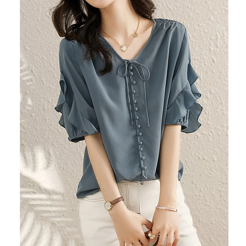 Elegant Fashion Solid Drawstring Button Ruffles Shirt Summer 2023 New V-Neck Half Butterfly Sleeve Pullovers Tops Women Clothing