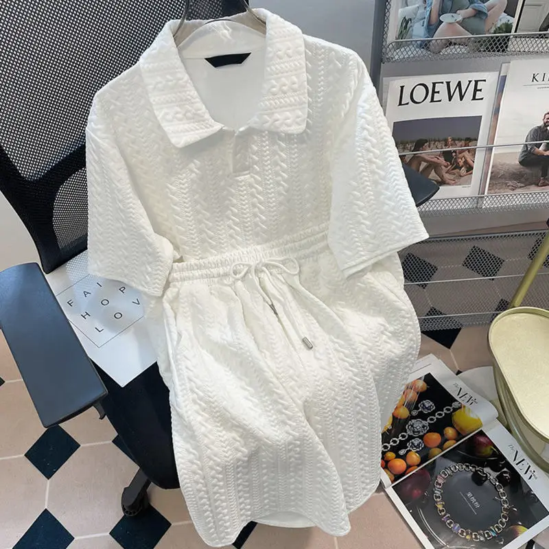 

Vintage Lapel Neck Short Sleeve Loose Top Women+ Y2k High Waist Straight Wide Leg Shorts 2025 Summer New Two Piece Sets