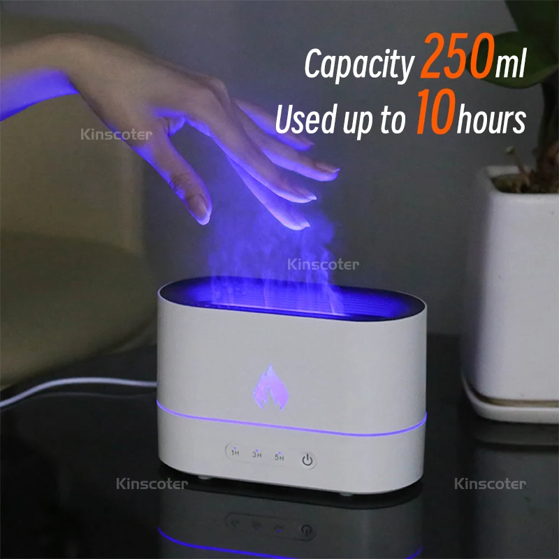 KINSCOTER 250ml Flame Humidifier 1/3/5H USB Smart Timing LED Electric  Aroma Diffuser Simulation Fire Night Lamp