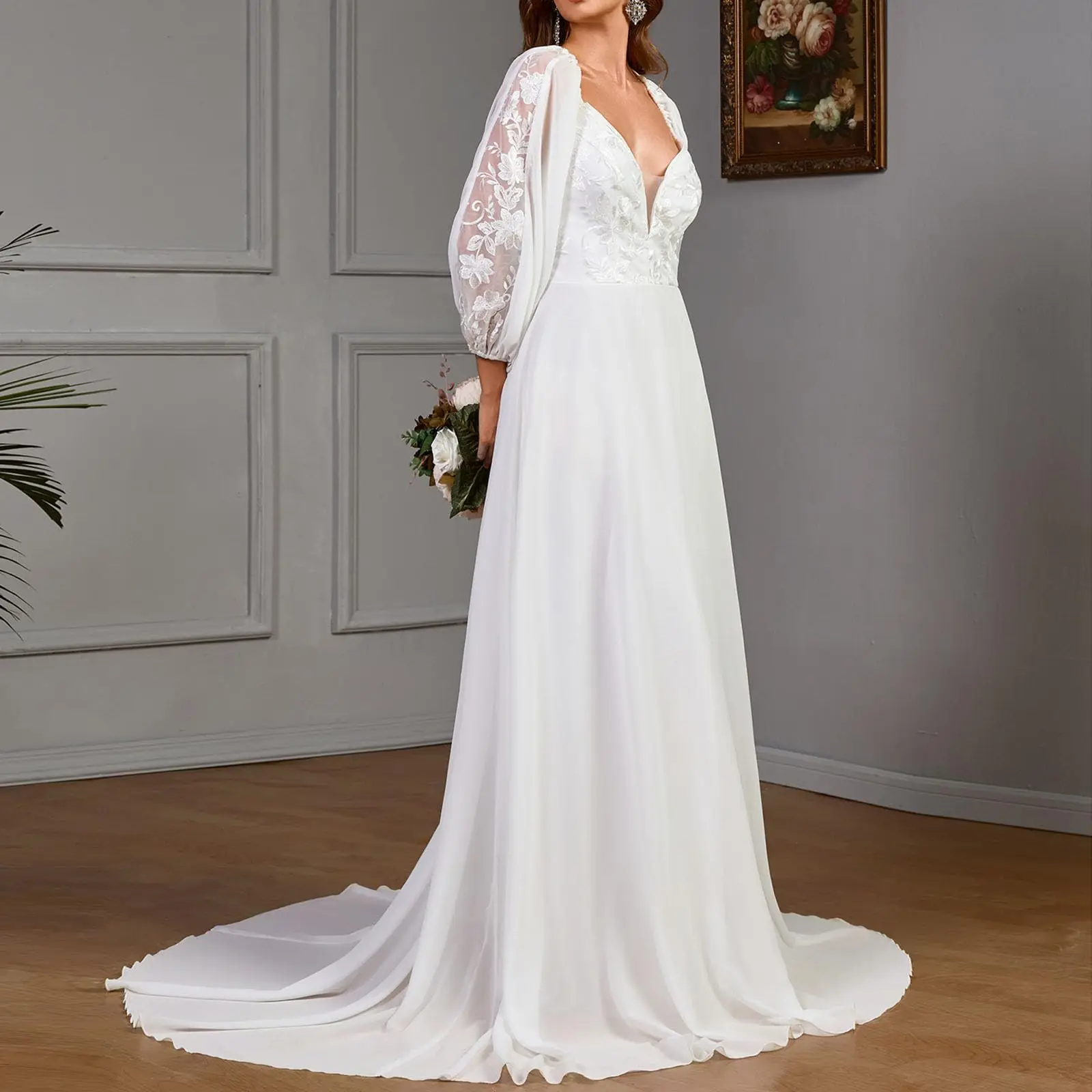 Mulheres elegantes branco maxi vestidos formais sexy rendas manga longa vestido de casamento até o chão vestidos de festa à noite de baile