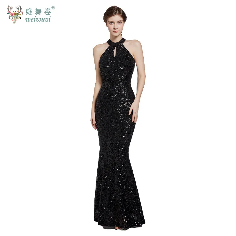 Nueva moda Sexy Retro elegante Halter vestido de noche largo mujeres adultas Vintage lentejuelas cola de pez vestido largo de lujo Bling hermoso