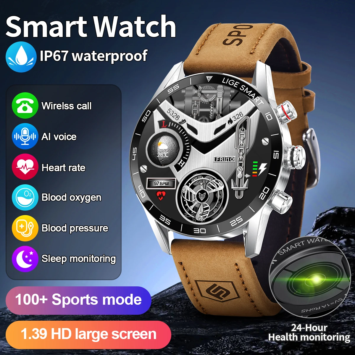 

LIGE Business Smart Watch Men Bluetooth Call Health Monitoring Waterproof Sport Fitness Clock Outdoor Smartwatch 2024 For Huawei