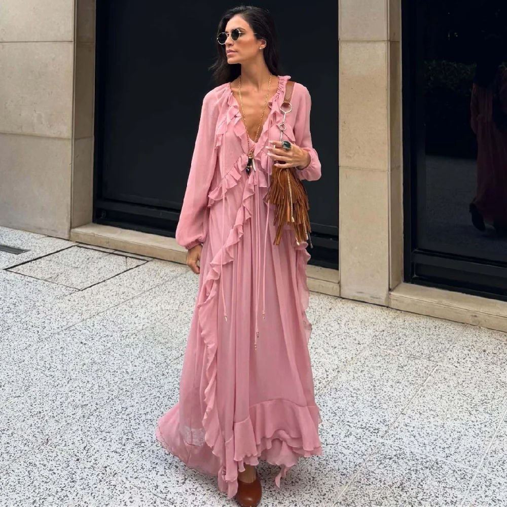 

PB&ZA2025Layered Ruffle V-neck Loose Temperament Simple Long Sleeve Dress Long Skirt Summer New Arrival Women's Clothing