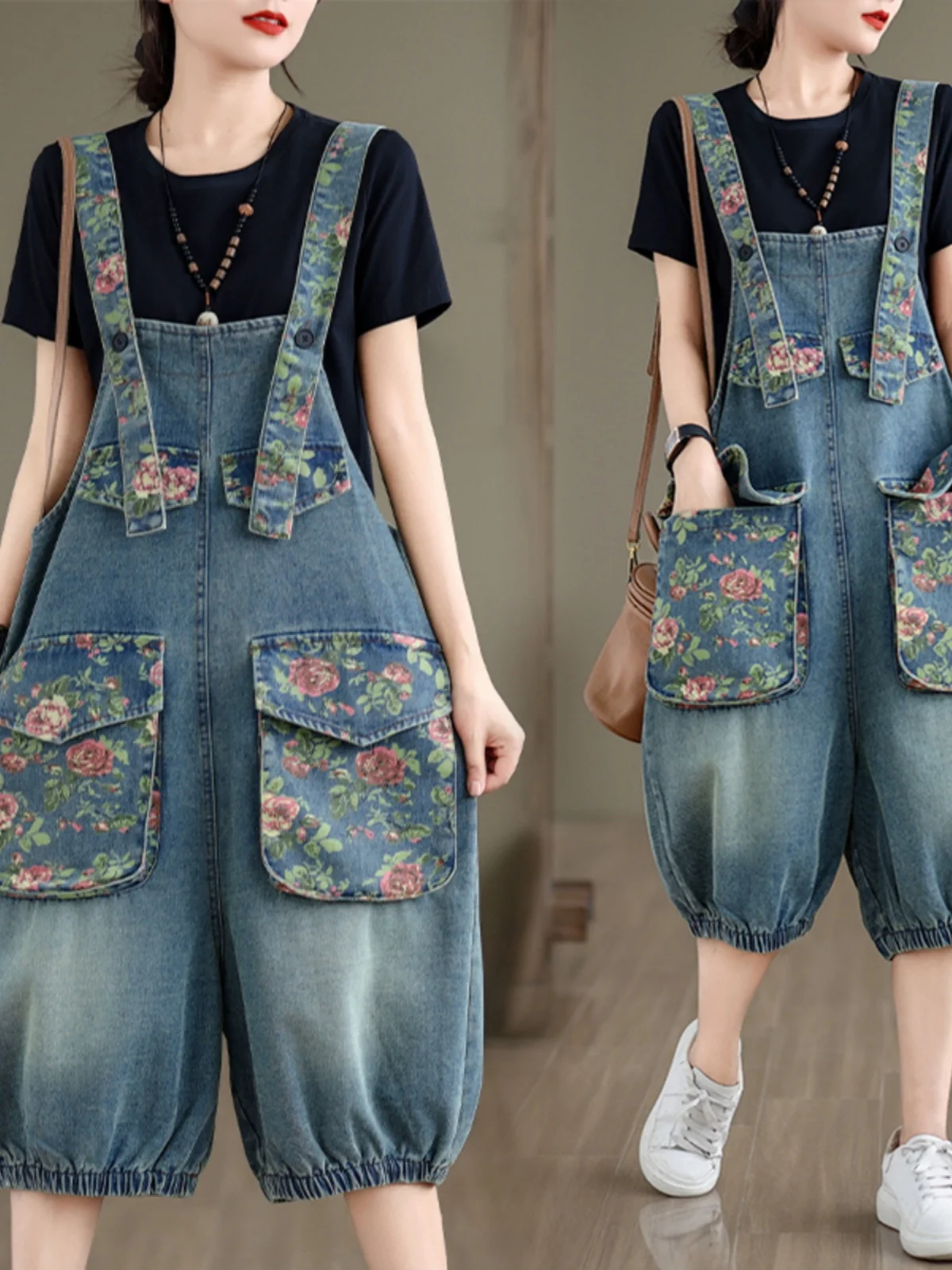 

Faionable plus Size Denim Overalls Summer Print Loose Casual Versatile 5-Part Pants Women's High Waist Thin Five-Quarter Le...