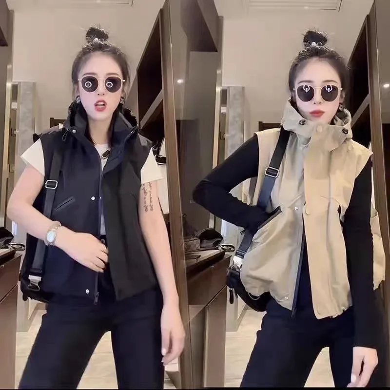 Spring Autumn Hooded Waistcoat Women 2024 New  Fashion Loose Casual Workwear Tops Pure Colour Zipper Pocket Outerwear Female