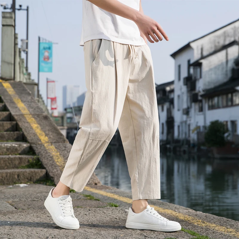 

Cotton Linen Men's Summer Thin Casual Pants Eighteen orts Nine Points Sports Harajuku Sle Straight Leg Loose Fit Trousers