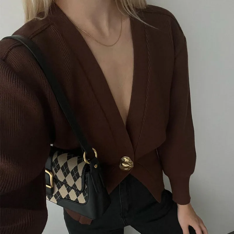 Elegant Metal Single Button Knitted Cardigan Women Fashion V Neck Long Sleeve Loose Outwear 2024 Autumn Female High Streetwear ﻿