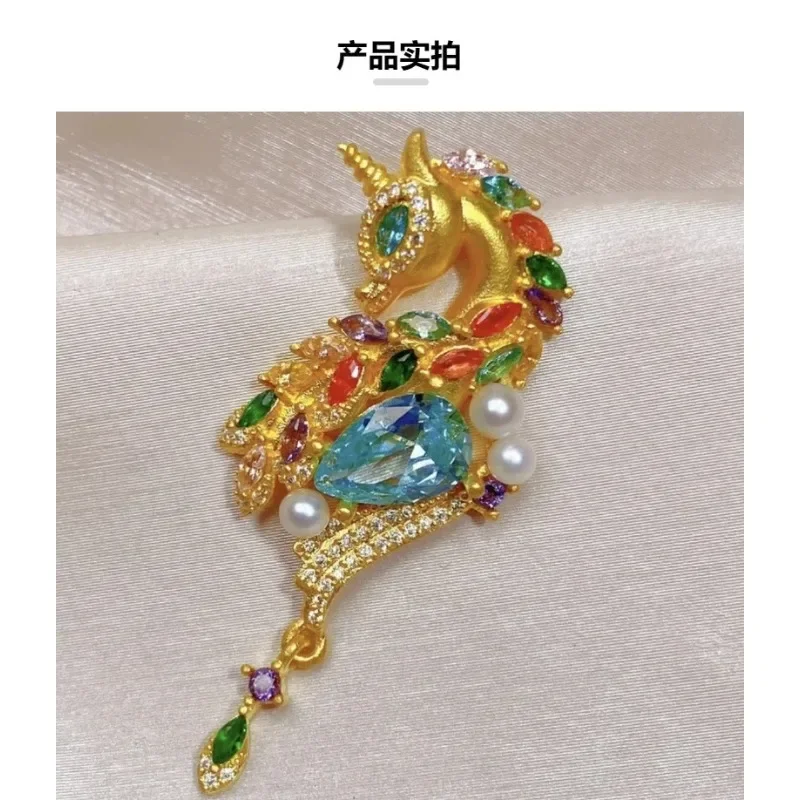 NovaGlod High-end light luxury inlaid colorful zircon unicorn pendant for women niche 24k real gold 9999 micro-inlaid colorful n
