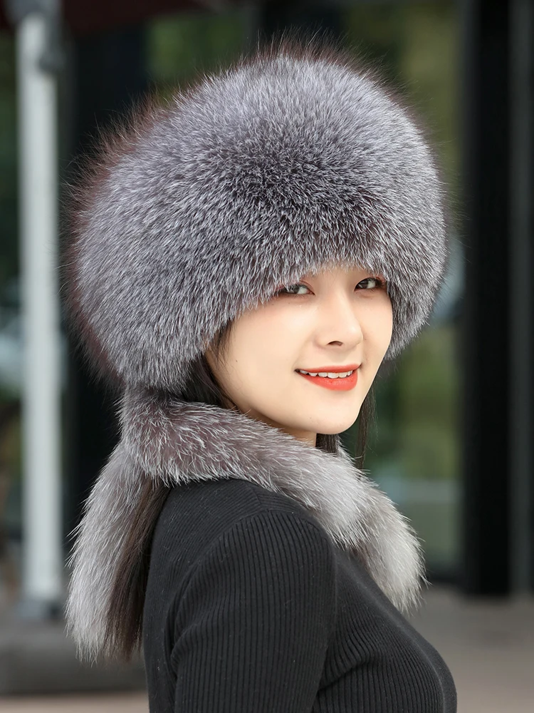 

Winter Real Fox Fur Hats For Women Winter Stylish Russian Thick Warm Beanie Luxury Women Hat Natural Fluffy Fur Caps With Tail