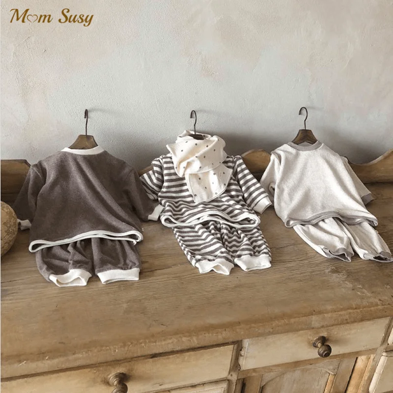 

Newborn Baby Girl Boy Towel Fabric Clothes Set Hoodie+Pant Child Cotton Clothing Suit Long Sleeve Pullover Baby Clothes 9M-2Y