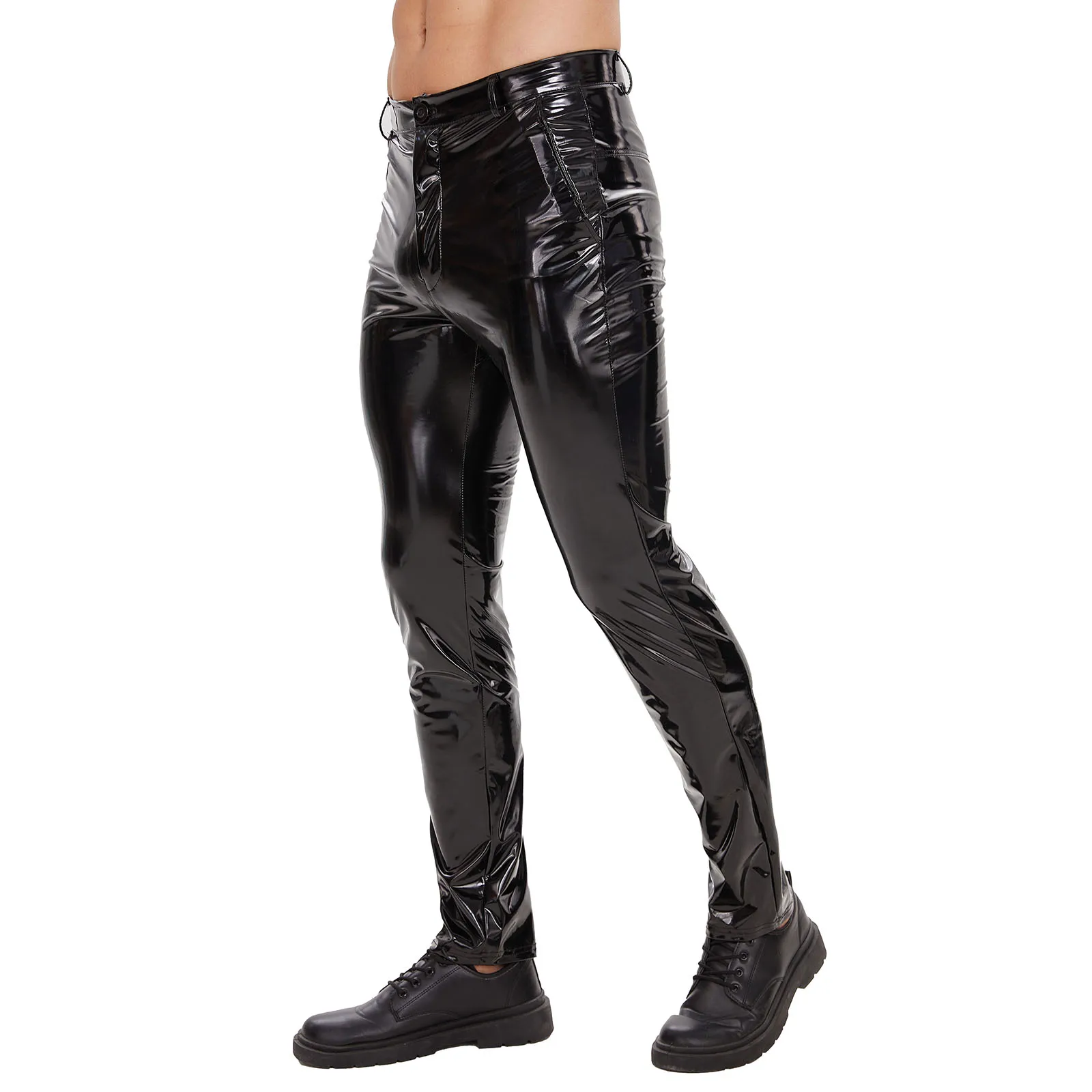 Mens Shiny Leather Straight Pants Sexy Zipper Open Crotch Glossy PVC Leather Casual Trousers Male Shaping Wetlook Latex Leggings