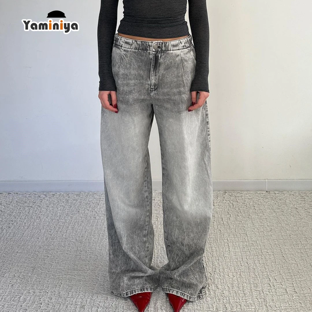 Yaminiya Distressed Vintage Grey Low Waist Y2K Baggy Jeans Women Wide Leg Adjusted Waisted Mom Straight Long Denim Jeans Street