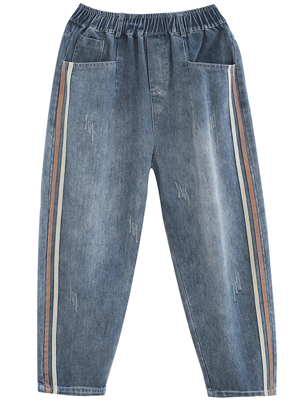 

Художественные потертые джинсы большого размера, женские длинные брюки Харлан с высокой талией, весенняя мода, боковая полоска, эффект похудения