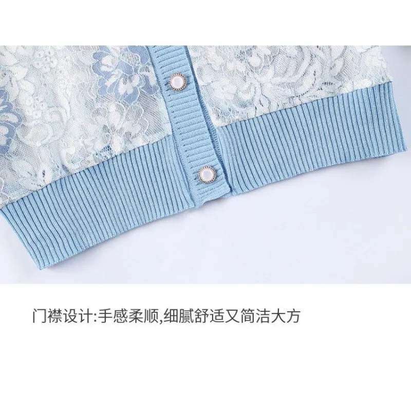 الخامس الرقبة سترة مشغولة من الصوف سترة ملابس الحماية من الشمس للنساء 2025 رقيقة الدانتيل فضفاضة جوفاء طويلة الأكمام البنطال القصير