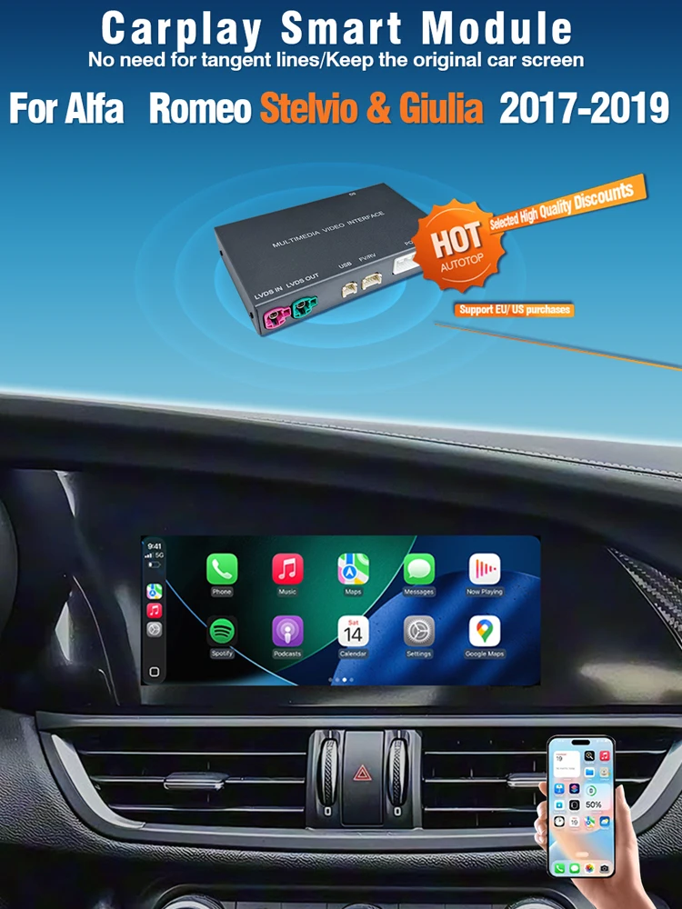 AUTOTOP Draadloze CarPlay Android Auto Decoder Box voor Alfa Romeo Stelvio Giulia 2017-2019 Mirror Link AirPlay Automodule Camera - afbeelding 2