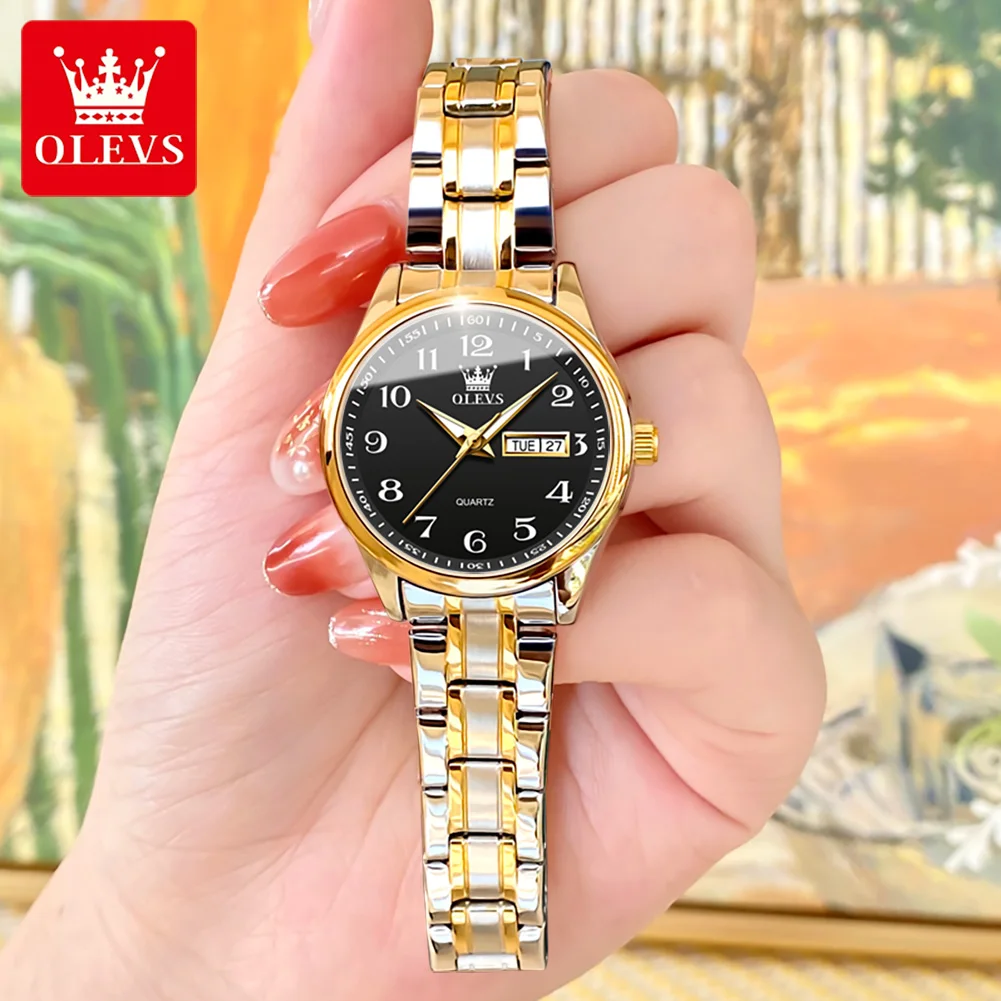 OLEVS-reloj de cuarzo de marca para mujer, relojes elegantes de acero inoxidable, reloj de pulsera luminoso impermeable con fecha de semana, reloj